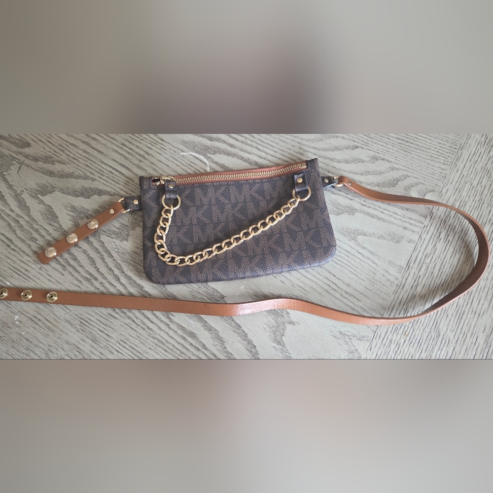 Brown MK Logo Chain Detail Fanny Pack By Micael Kors